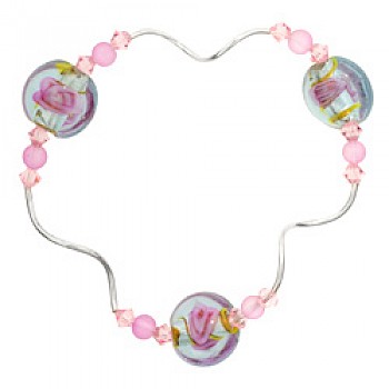 Purple Rose Glass Beads & Silver Tubes Bracelet