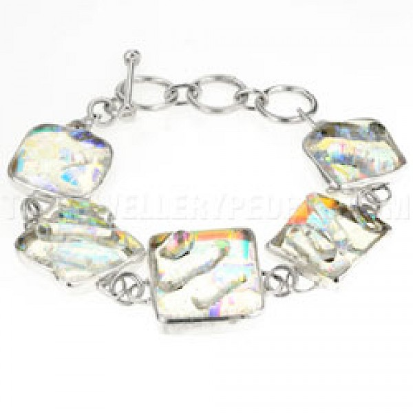 Rainbow Clear 3D Dichroic Glass & Silver Squares Bracelet