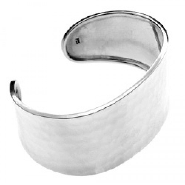 Raised Sides Hammered Silver Cuff Bangle - 32mm Wide