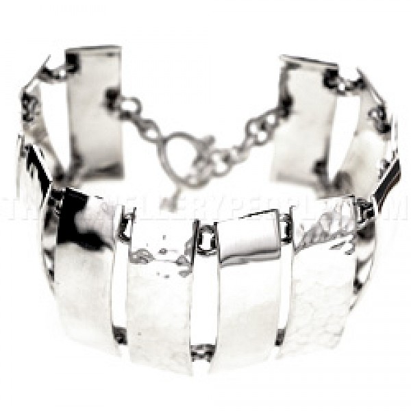 Rectangles Hammered / Polished Silver Curved Bars Bracelet