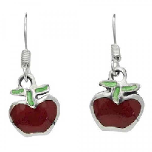 Red Apple Silver Earrings - 25mm Long