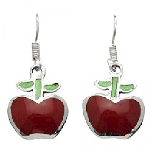Red Apple Silver Earrings - 30mm Long