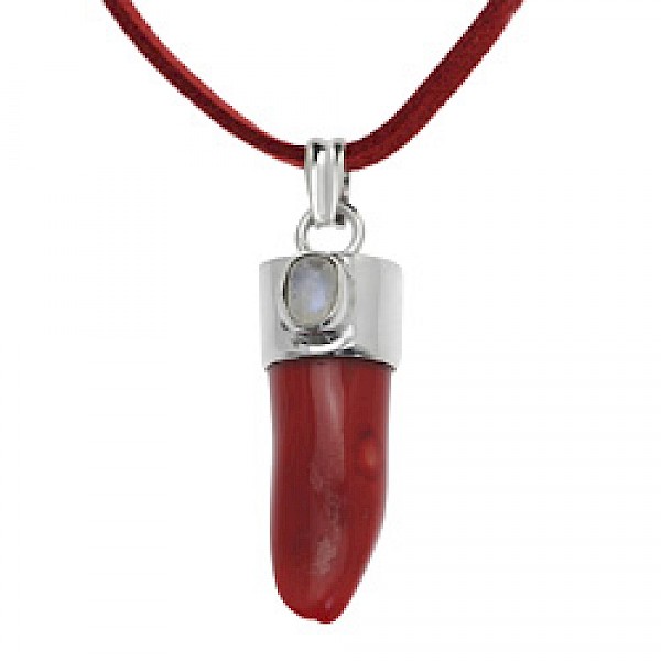 Red Coral & Silver Tusk Moonstone Pendant - SL234