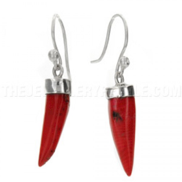 Dyed Red Coral Tusk & Silver Earrings