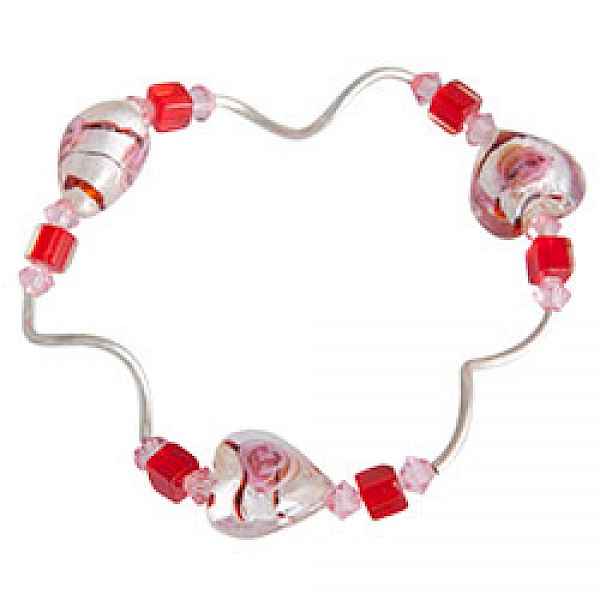 Red Heart Glass Bead Silver Tubes Bracelet