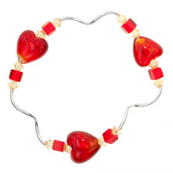 Red Heart Glass Beads & Silver Tubes Bracelet