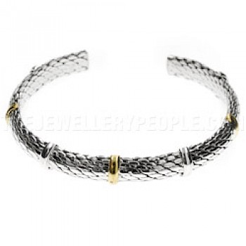 Rope Effect Open Flexible Silver Bangle with Gold Detail - 7mm Wide