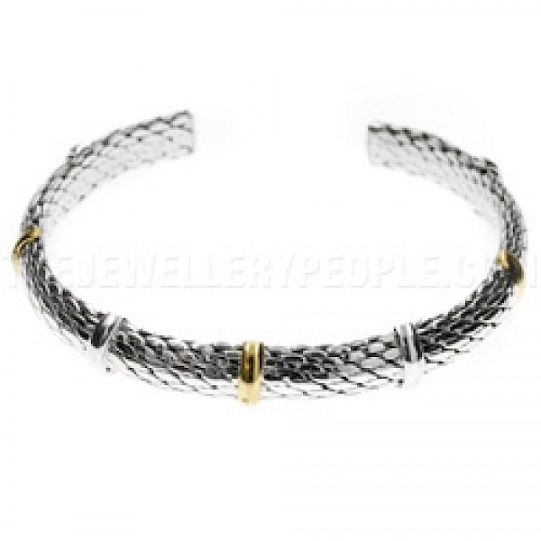 Rope Effect Open Flexible Silver Bangle with Copper Detail - 7mm Wide - BA258