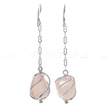 Rose Quartz Silver Cage Drop Earrings - 65mm long