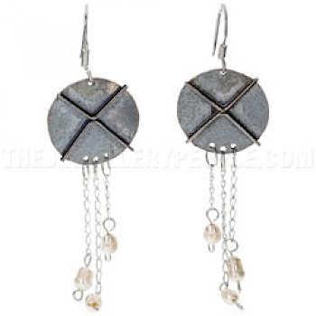 Round Oxidised Silver Earrings with Chain Pearl Drops