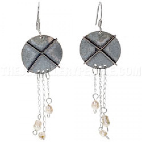 Round Oxidised Silver Earrings with Chain Pearl Drops