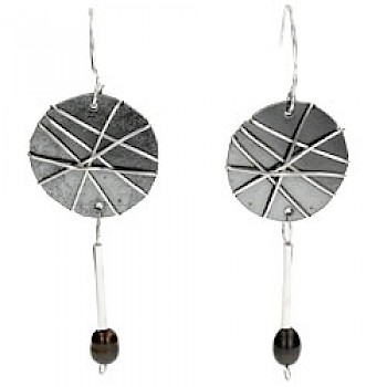 Round Oxidised Silver Earrings with Dark Pearl Drop