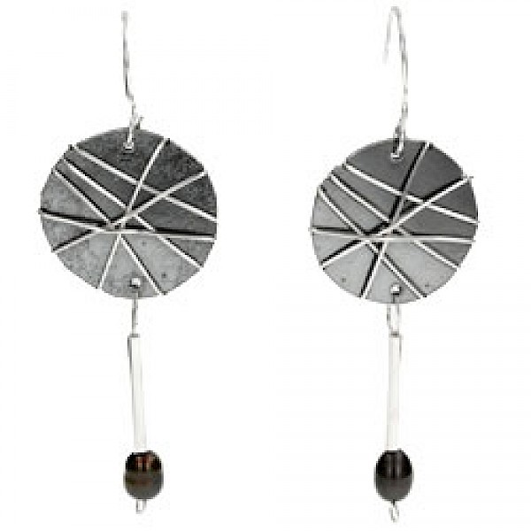 Round Oxidised Silver Earrings with Dark Pearl Drop
