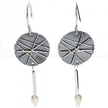 Round Oxidised Silver Earrings with Pearl Drop