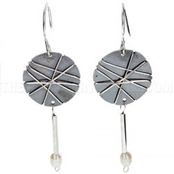 Round Oxidised Silver Earrings with Pearl Drop