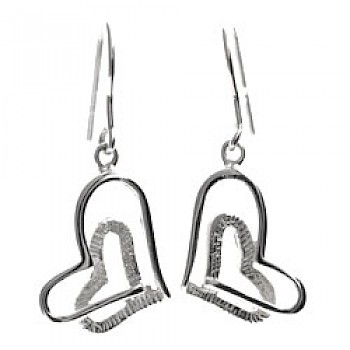 Sideways Double Heart Silver Earrings - 40mm Long