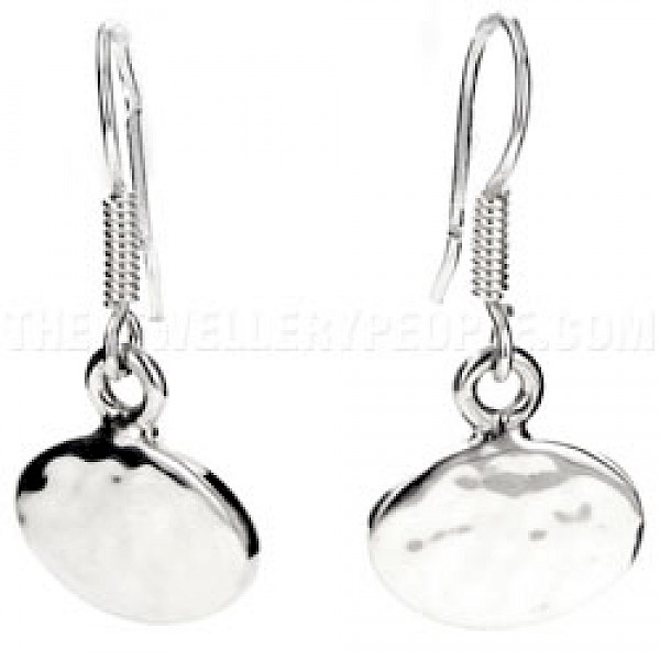 Sideways Hammered Oval Silver Earrings - 13mm Wide
