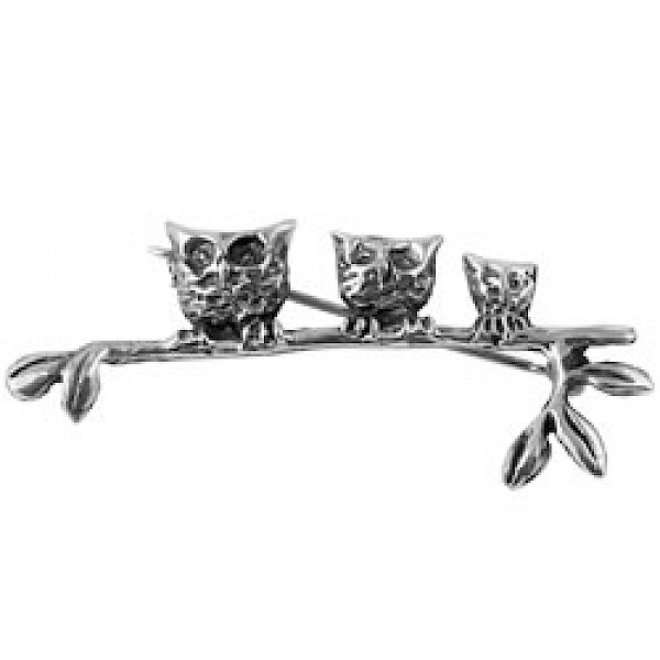 Silver 3 Owls Brooch - 52mm Wide