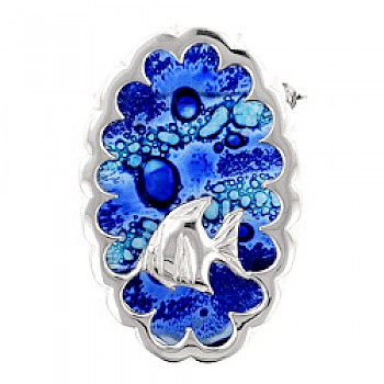 Silver & Blue Glass Fish Inset Brooch