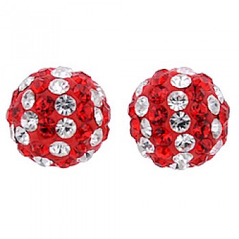 Silver & Crystal Stud Earrings - Dark Red & Candy Stripes - 7mm