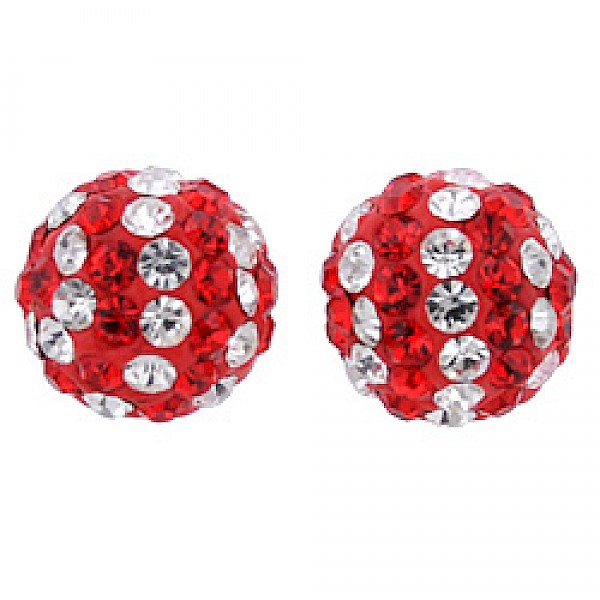 Silver & Crystal Stud Earrings - Dark Red & Candy Stripes - 7mm