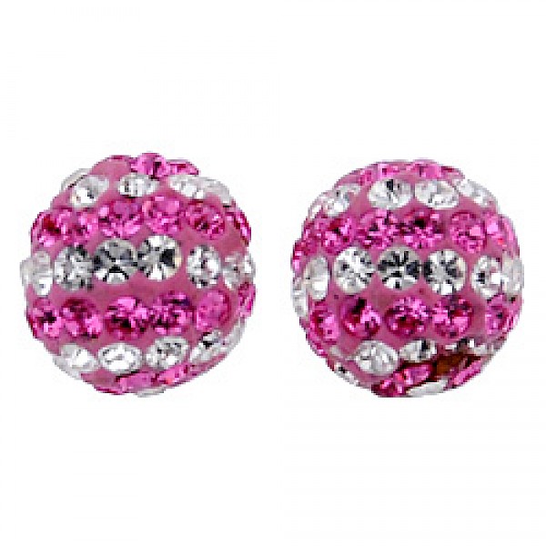 Silver & Crystal Stud Earrings - Light Pink & Candy Stripes - 7mm
