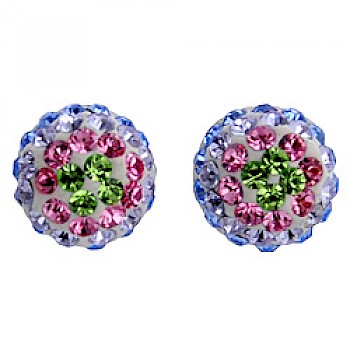 Silver & Crystal Stud Earrings - Multicolour Circles - 7mm