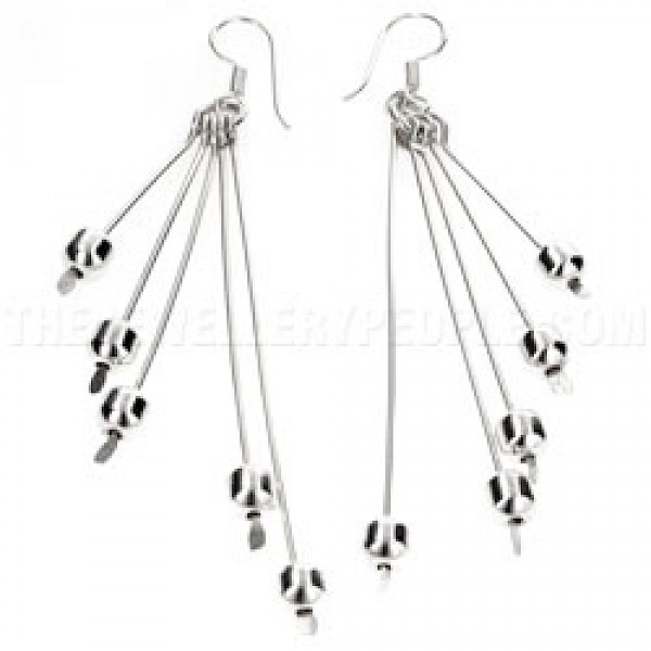 Silver Ball Drop Earrings - 90mm Long - ES082