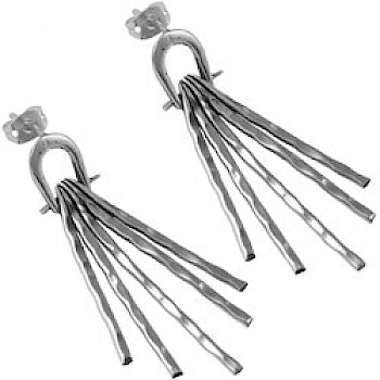 Silver Hammered Wires Stud Earrings - 48mm Long