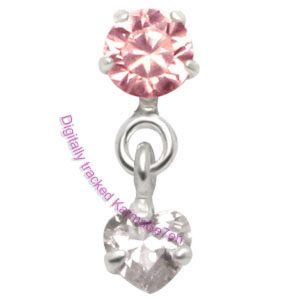 Silver Jewel Heart Dangling Tragus Stud - Pink & Crystal