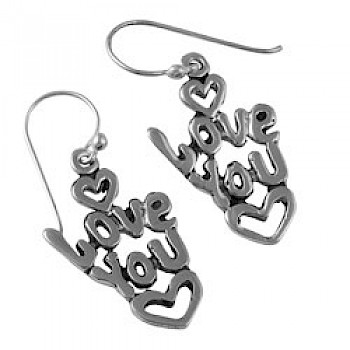 Silver 'Love You'  Drop Earrings - 30mm Long