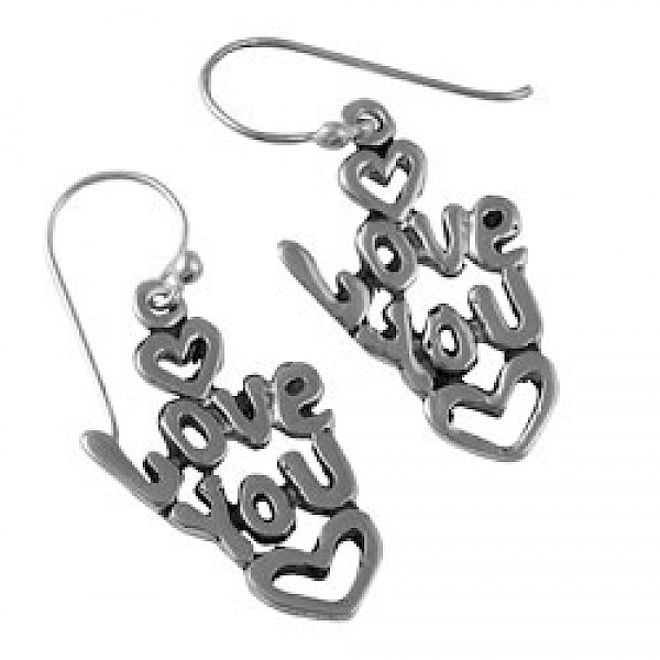 Silver 'Love You'  Drop Earrings - 30mm Long