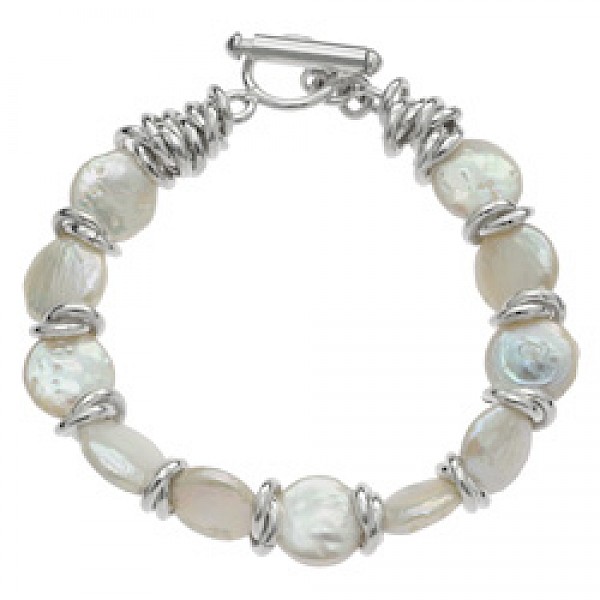 Silver Pearlised Shell Disc T-Bar Bracelet - SL254