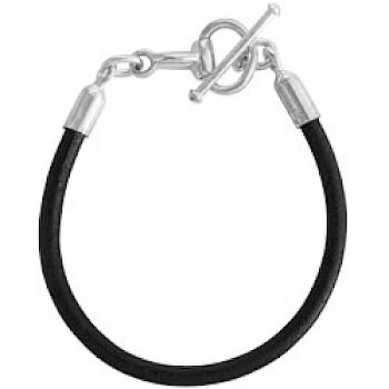 Silver Snaffle T-Bar 4mm Black Leather Bracelet
