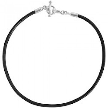 Silver T-Bar Black Leather Necklace - 4mm