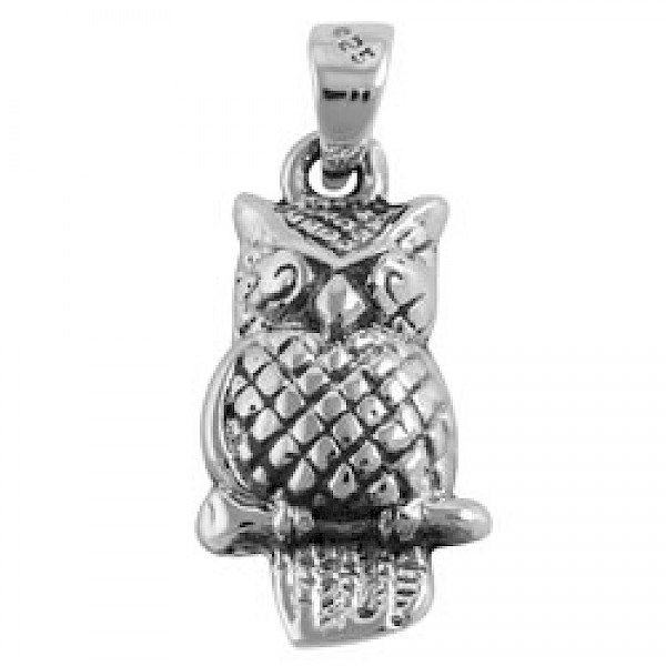 Sitting Owl Silver Pendant - 25mm - AL109