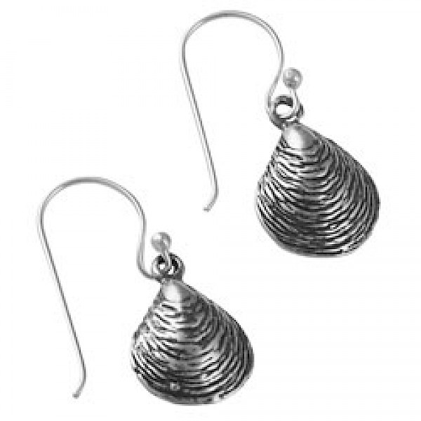 Small Oxidised Silver Clam Earrings - 25mm Long