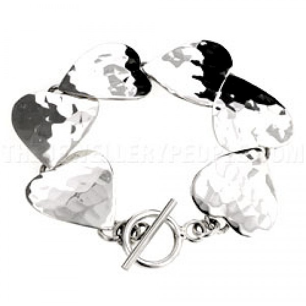 Heavy Hammered Hearts Silver Bracelet