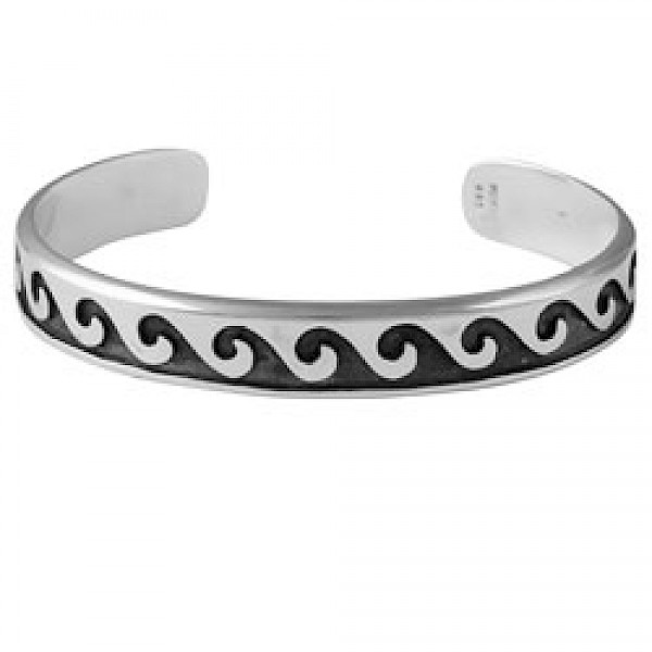 Solid Silver Wave Open Bangle - Large - 11mm Wide - 3mm Solid