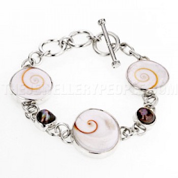 Spiral Shell & Dark Pearl Silver Bracelet