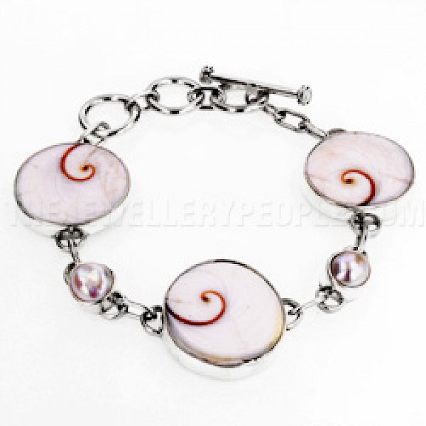 Spiral Shell & White Pearl Silver Bracelet - SL192