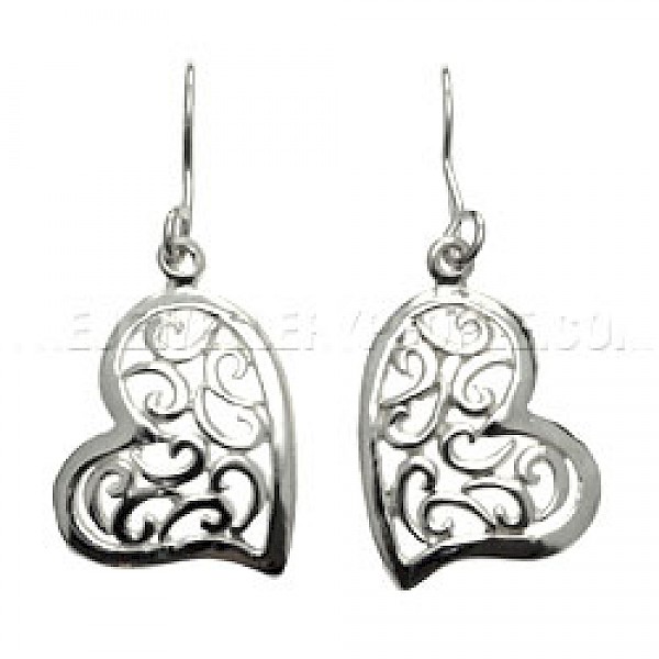 Swirl Heart Silver Earrings - 40mm Long