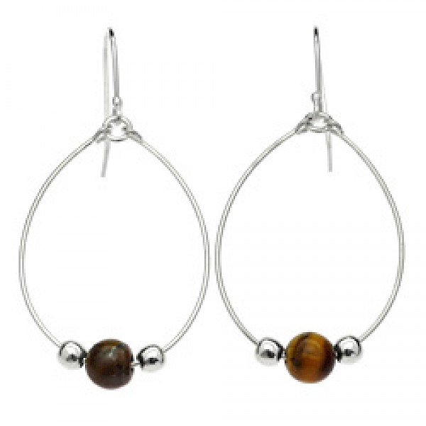 Tiger Eye Loop Silver Earrings - 50mm Long