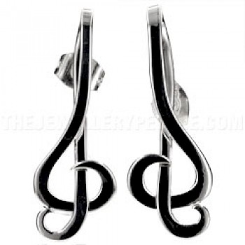 Treble Clef Silver Ribbon Stud Earrings - 24mm Long