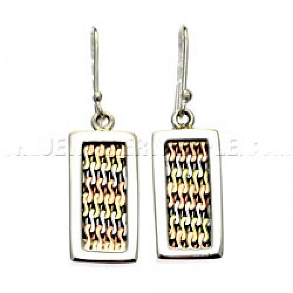 Tri-Colour Rectangles Silver Earrings - 40mm Long