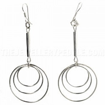 Triple Circle & Bar Silver Earrings - 35mm Wide