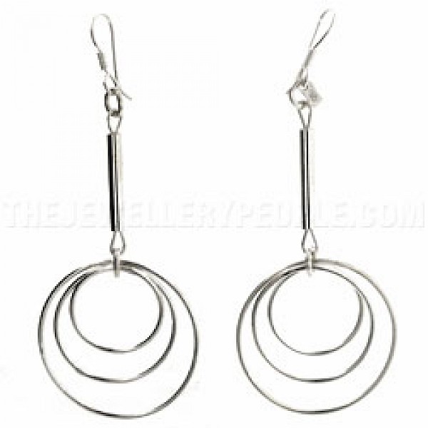Triple Circle & Bar Silver Earrings - 35mm Wide