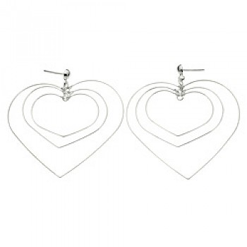 Triple Wire Heart Silver Earrings - 50mm Long
