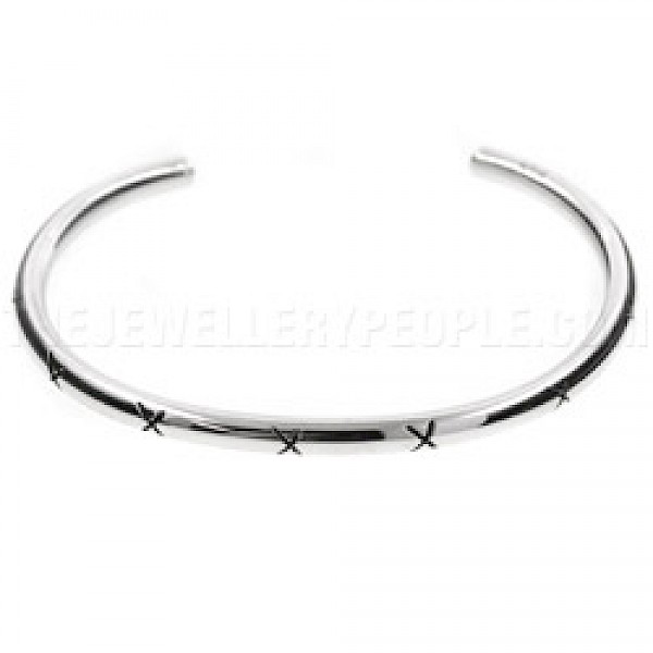 Tubed X Detail Open Silver Bangle - 4mm Wide