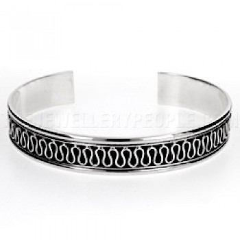 Wavy Inset Oxidised Open Silver Bangle - 12mm Wide